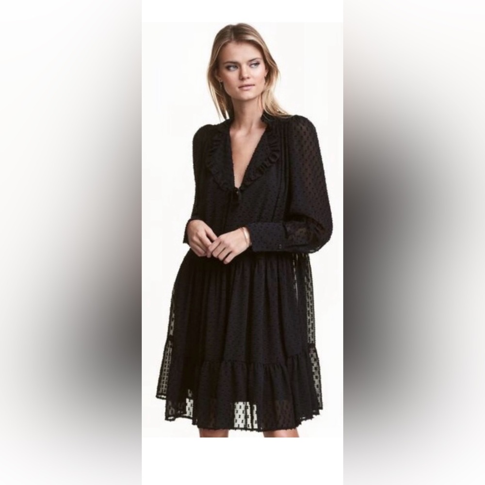 NWT H&M Plumeti Chiffon Swiss Dot Dress in Black, Size Medium